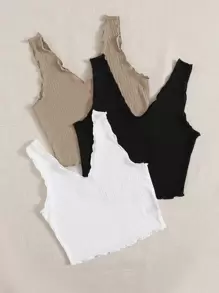 SHEIN EZwear 3pcs Lettuce Trim Rib-knit Tank Top - Multicolor - View 2