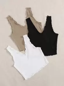 SHEIN EZwear 3pcs Lettuce Trim Rib-knit Tank Top - Multicolor - View 6