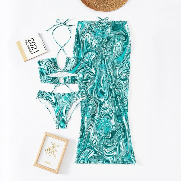 

3pack Fluid Pattern Cut-out Halter Bikini Swimsuit & Beach Skirt, Multicolor