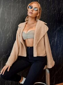 Double Crazy Solid Open Front Teddy Coat - Khaki - View 1