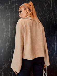 Double Crazy Solid Open Front Teddy Coat - Khaki - View 2