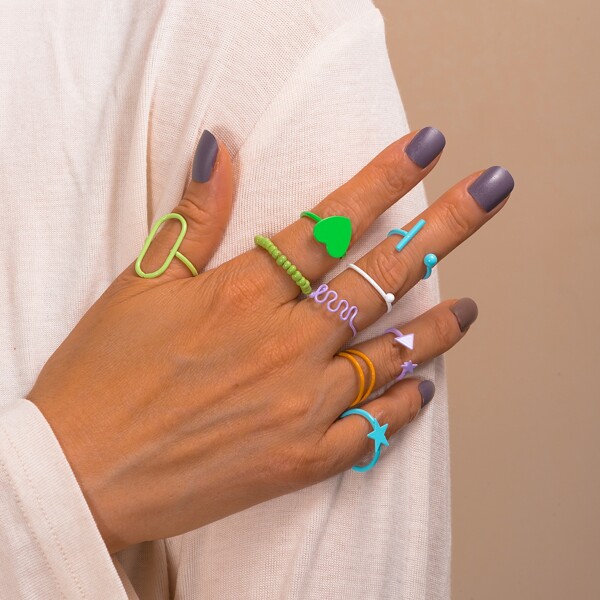 

9pcs Star & Heart Decor Ring, Multicolor