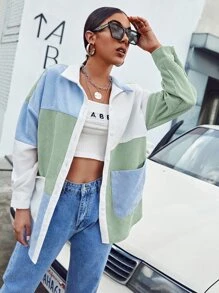 SHEIN EZwear Pocket Front Colourblock Cord Blouse - Green - View 1