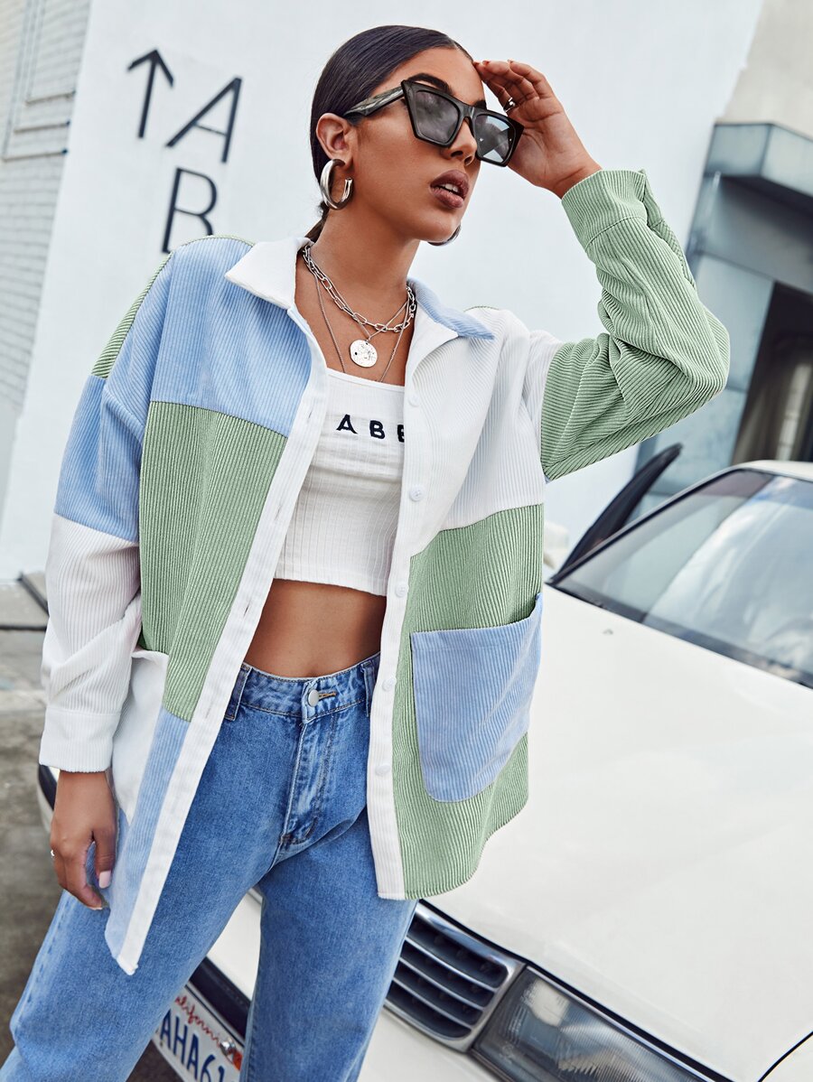 SHEIN EZwear Pocket Front Colourblock Cord Blouse - Green - View 1