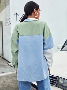 SHEIN EZwear Pocket Front Colourblock Cord Blouse - Green - View 2