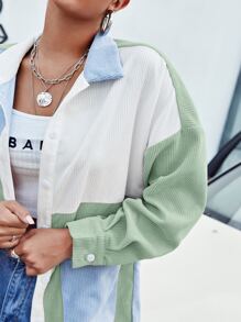 SHEIN EZwear Pocket Front Colourblock Cord Blouse - Green - View 3