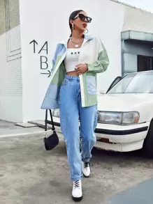 SHEIN EZwear Pocket Front Colourblock Cord Blouse - Green - View 4