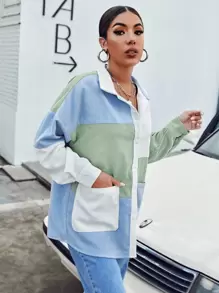 SHEIN EZwear Pocket Front Colourblock Cord Blouse - Green - View 5