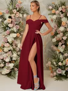 SHEIN Belle Burgundy Red Cold Shoulder Split Thigh Dress