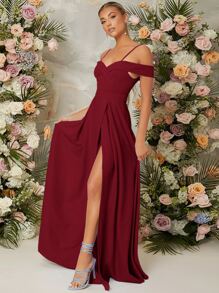 SHEIN Belle Burgundy Red Cold Shoulder Split Thigh Dress