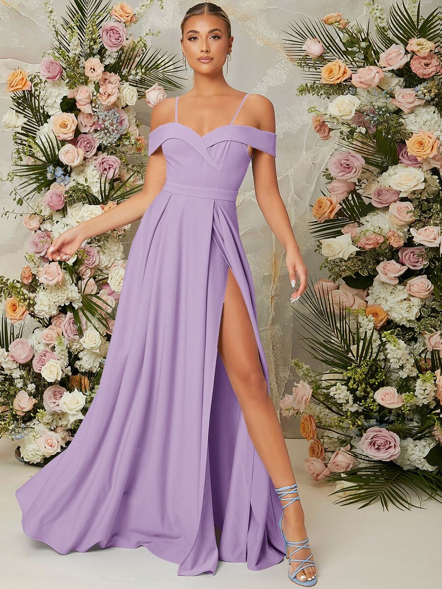 SHEIN Belle 挖肩高衩連衣裙 - 紫丁香色 - 查看 1