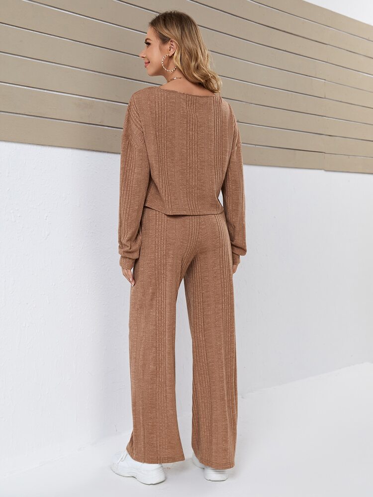 SHEIN Maternity Drop Shoulder Tee & Adjustable Elastic Waist Pants - Mocha Brown - View 2