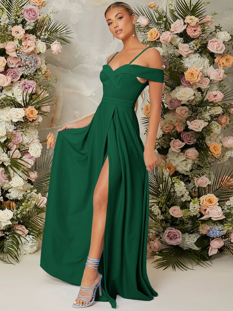 SHEIN Belle Vestido de hombros descubiertos de muslo con abertura - Verde - Añade 3
