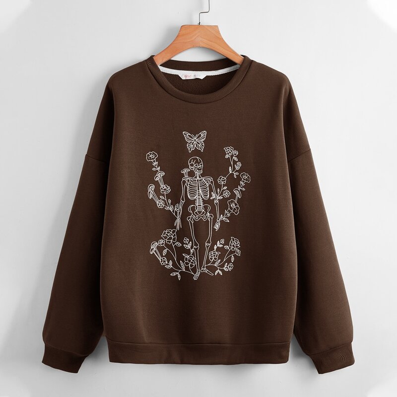 

Floral & Skull Graphic Sweatshirt, Coffee brown