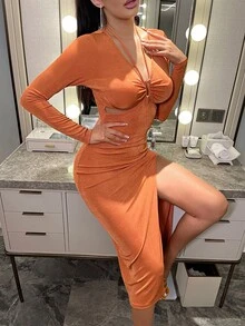 SHEIN SXY Halterneck Cut Out Split Thigh Dress - Orange - View 5
