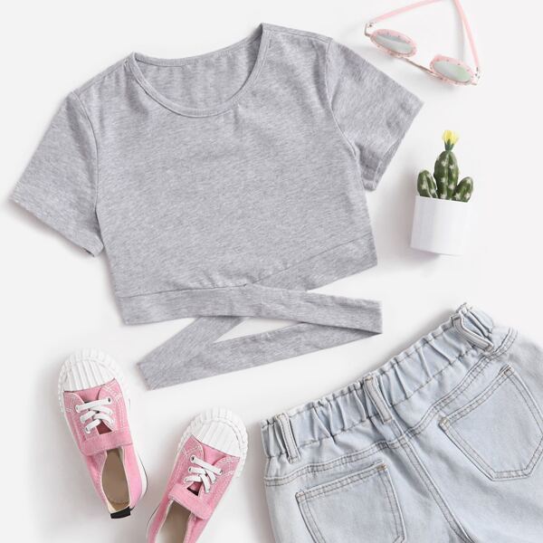 

Girls Cutout Crisscross Solid Top, Light grey