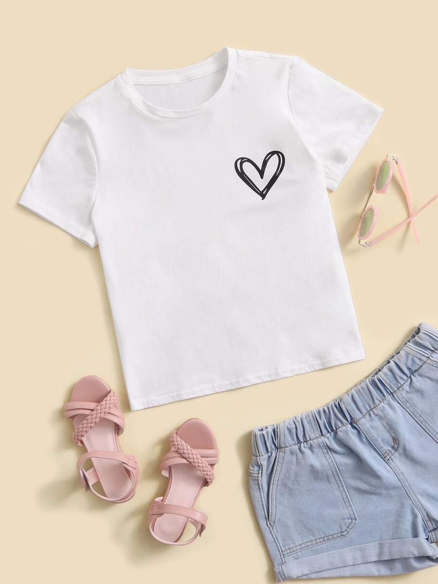 SHEIN Cô gái Tween Đan Hình trái tim Áo thun - trắng - Xem 1