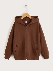 SHEIN Tween Girl Zip Up Drop Shoulder Sweatshirt - Brown - View 1