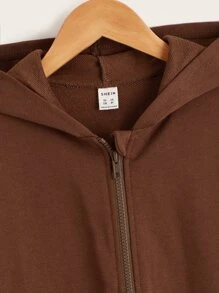 SHEIN Tween Girl Zip Up Drop Shoulder Sweatshirt - Brown - View 4
