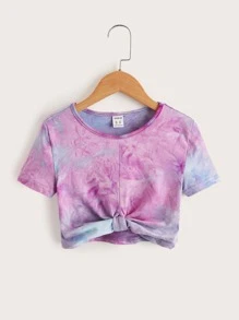 SHEIN 少女短袖紮染T卹，衣擺繫結細節，適合夏季穿著 - 彩色 - 查看 1
