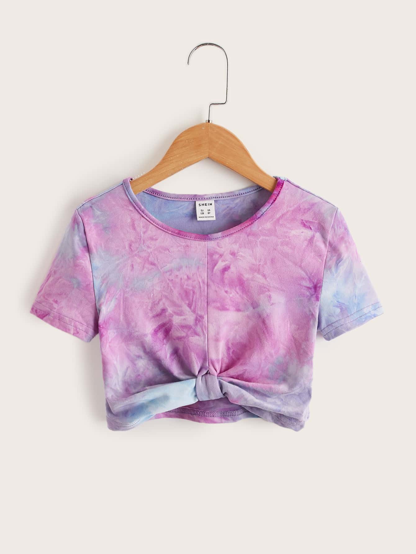 SHEIN 少女短袖紮染T卹，衣擺繫結細節，適合夏季穿著 - 彩色 - 查看 1