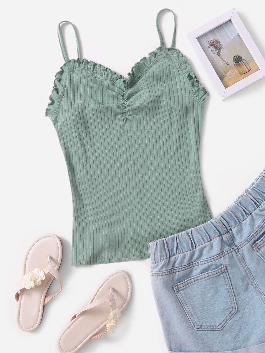 SHEIN 女孩羅紋褶邊褶邊吊帶上衣