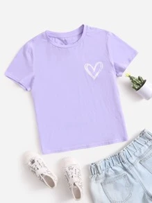SHEIN Tween Girl Short Sleeve Knit Heart Pattern T-Shirt - Lilac Purple - View 1