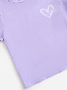 SHEIN Tween Girl Short Sleeve Knit Heart Pattern T-Shirt - Lilac Purple - View 3