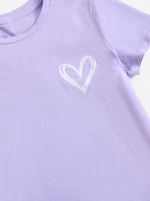 SHEIN Tween Girl Short Sleeve Knit Heart Pattern T-Shirt - Lilac Purple - View 4