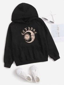 SHEIN Tween Girl Sun And Moon Print Raglan Sleeve Kangaroo Pocket Sweatshirt - Black - View 1
