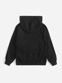 SHEIN Tween Girl Sun And Moon Print Raglan Sleeve Kangaroo Pocket Sweatshirt - Black - View 2