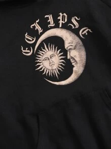 SHEIN Tween Girl Sun And Moon Print Raglan Sleeve Kangaroo Pocket Sweatshirt - Black - View 4