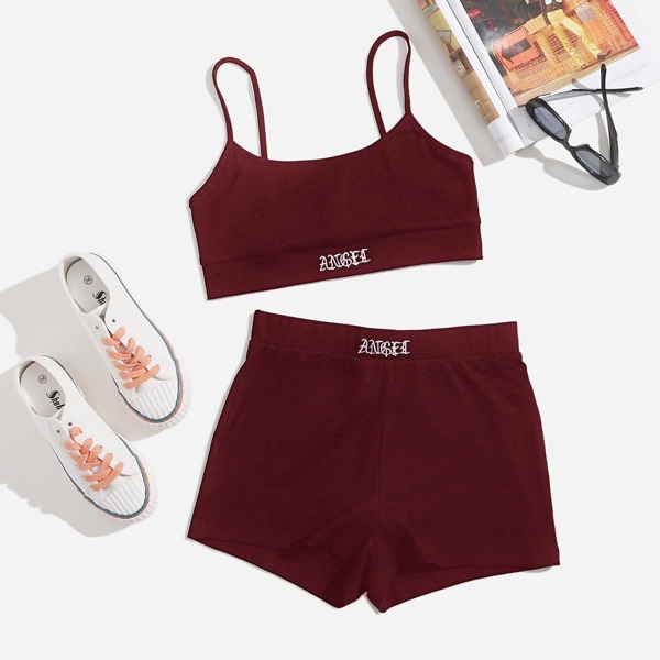 

Letter Embroidered Cami Top & Biker Shorts Set, Maroon