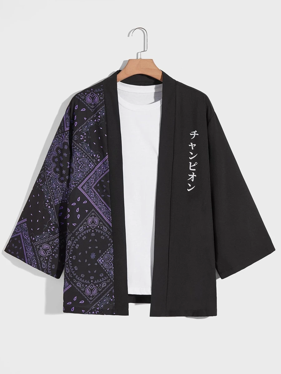Manfinity Chillmode Men Japanese Letter & Scarf Print Kimono Without Tee - Black - View 1