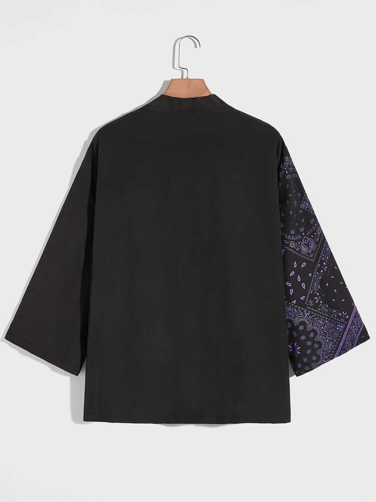 Manfinity Chillmode Men Japanese Letter & Scarf Print Kimono Without Tee - Black - View 2