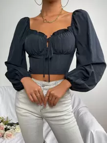 Knot Front Lantern Sleeve Crop Blouse - Navy Blue - View 1