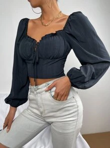 Knot Front Lantern Sleeve Crop Blouse - Navy Blue - View 3