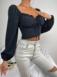 Knot Front Lantern Sleeve Crop Blouse - Navy Blue - View 4