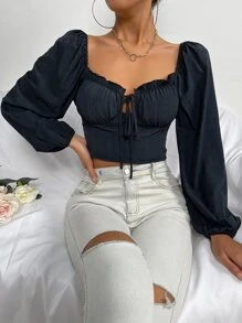 Knot Front Lantern Sleeve Crop Blouse - Navy Blue - View 5