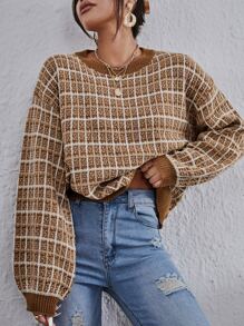 SHEIN EZwear Pullover de hombros caídos de manga farol con patrón de cuadros - Multicolor - Ver 1