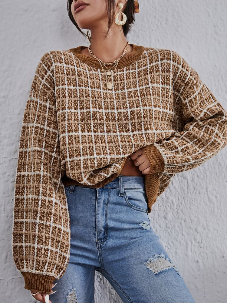 SHEIN EZwear Drop Shoulder Lantern Sleeve Plaid Pattern Pullover - Multicolor - View 1