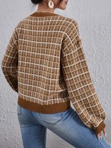 SHEIN EZwear Pullover de hombros caídos de manga farol con patrón de cuadros - Multicolor - Ver 2