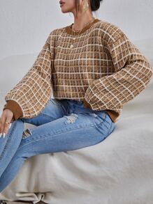 SHEIN EZwear Pullover de hombros caídos de manga farol con patrón de cuadros - Multicolor - Ver 3