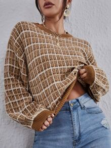 SHEIN EZwear Pullover de hombros caídos de manga farol con patrón de cuadros - Multicolor - Ver 4