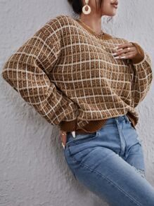 SHEIN EZwear Pullover de hombros caídos de manga farol con patrón de cuadros - Multicolor - Ver 5