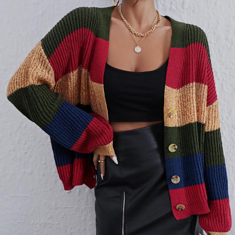 

Colorblock Single Breasted Drop Shoulder Ribbed Knit Cardigan, Multicolor