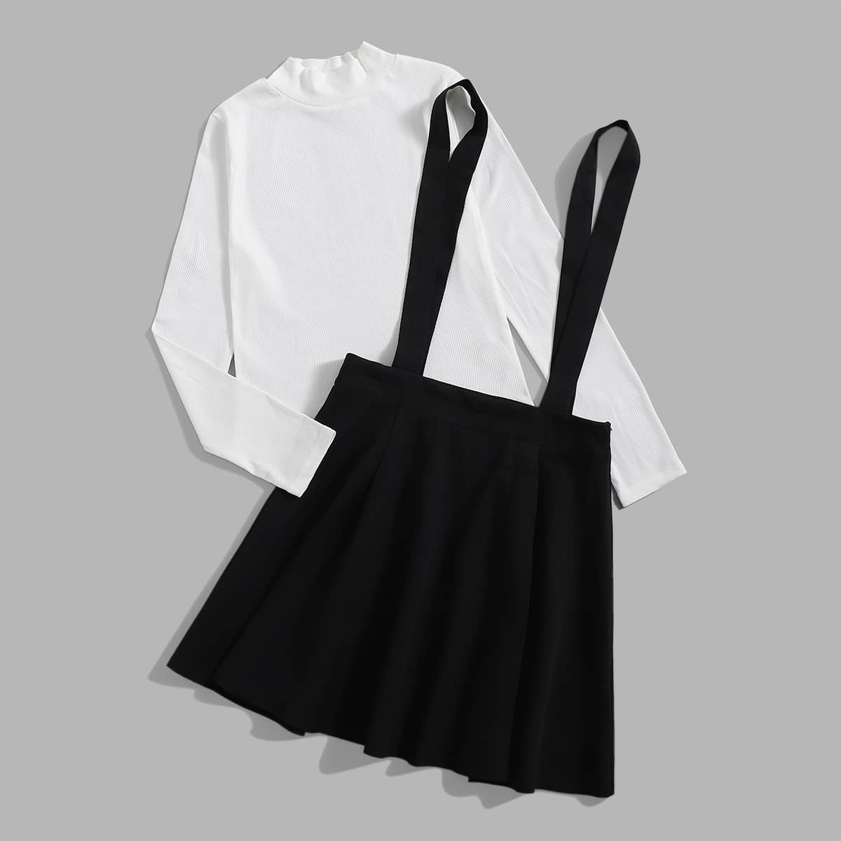 

Solid Rib-Knit Tee & Suspender Pleated Skirt, Black and white
