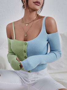 Two Tone Cold Shoulder Thumb Hole Jumper - Multicolor - View 5