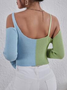 Two Tone Cold Shoulder Thumb Hole Jumper - Multicolor - View 2