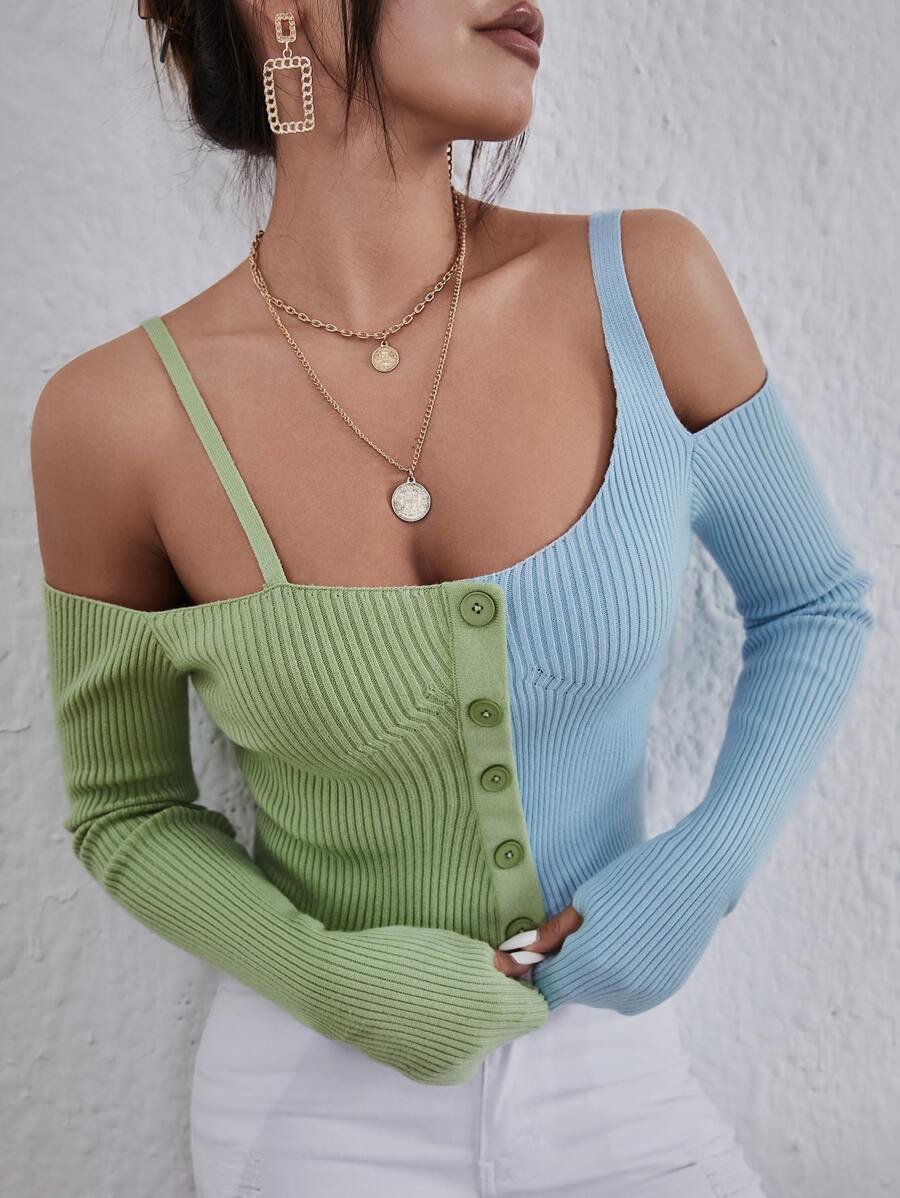 Two Tone Cold Shoulder Thumb Hole Jumper - Multicolor - View 1